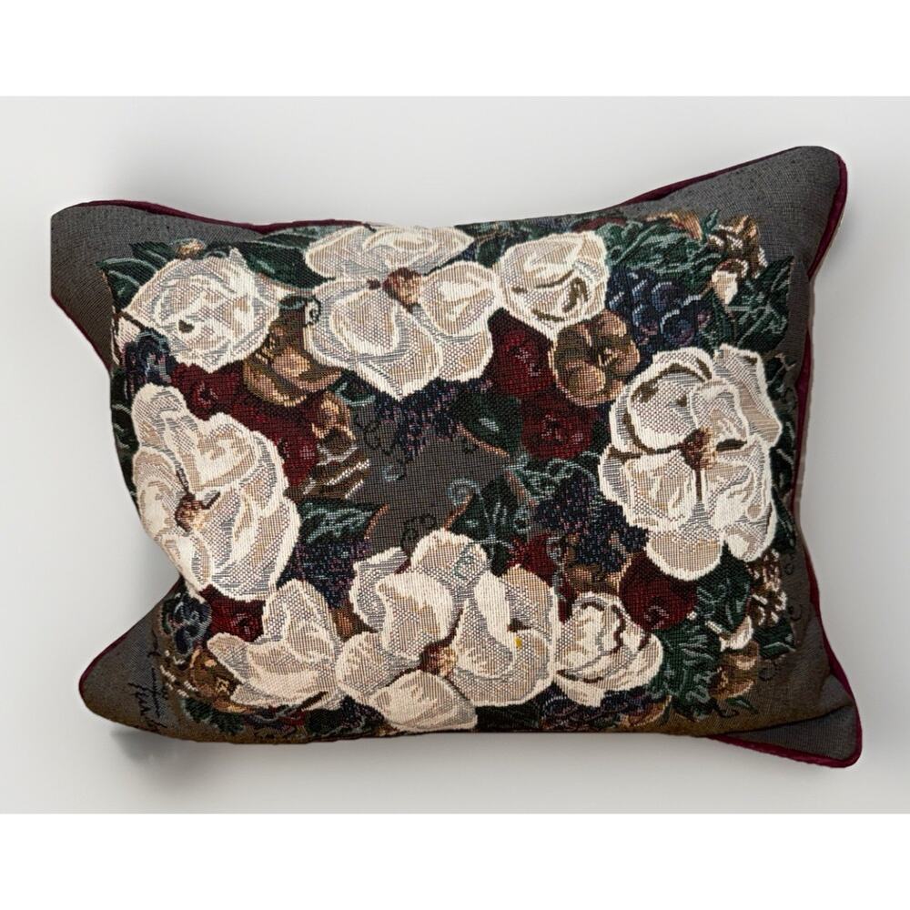 Vintage Glynda Turley Floral Magnolia Signed Tapestry Decor Throw Pillow 15x11